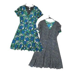 Cabi Boho Dress L Reversible Green Floral Polka Dot Mesh Flutter Sleeve 6148